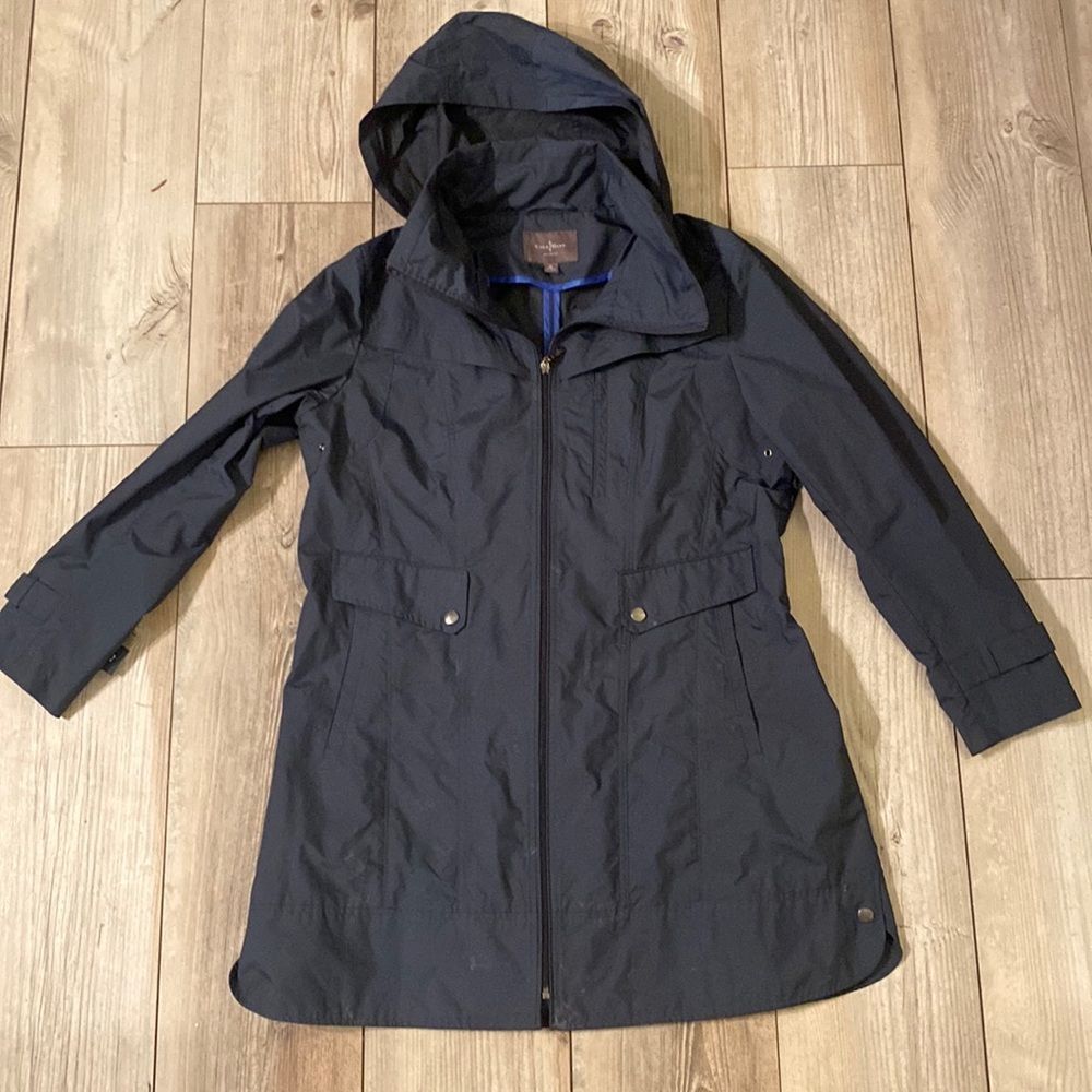 Cole Haan Size XL Rain Coat w Zip Up Hood Anorak Jacket Navy Blue